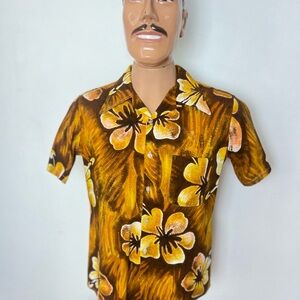 Vintage 60s 60’s Men's Floral Hawaiian Cotton Button Down Shirt Brown Yellow S
